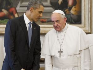 President Barack Obama is unsure whether he should bow to the Pope and get criticized for apologizing for America, or not bow to the Pope and get criticized for disrespecting the Catholic Church. (Image source: USA Today)