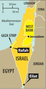 Map of Israel, Gaza, and West Bank. This whole area is so small and so disproportionately debated, that if you print out every article and story on the conflict, you could cover the whole area with about 100 feet high layer of paper. (Image source: weeklyintercept.blogspot.com)
